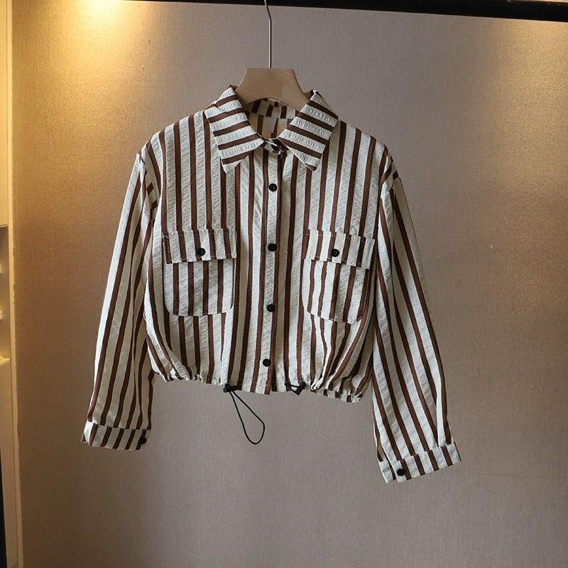 Striped Shirt Women's Design Niche Hong Kong Style Autum 2025 New Short Korean Style Retro Drawstring Long-Sleeved Shirt
