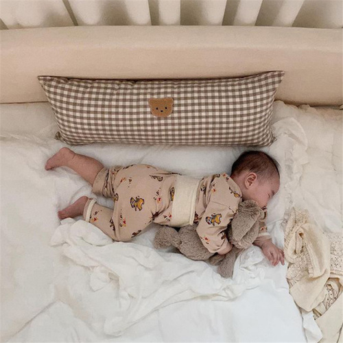 Ins style pure cotton baby plaid bear embroidery bedside pillow sofa pillow baby pillow with core removable and washable