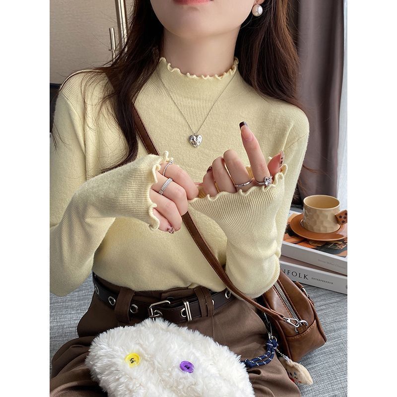 Light Yellow Ruffled Base Shirt Autumn and Winter New Exquisite Stylish Inner Wear De Velvet Long-Sleeve Thermal Top T-Shirt for Women Light Yellow Ruffled Base Shirt Autumn and Winter New Exquisite Stylish Inner Wear De Velvet Long-Sleeve Thermal Top T-Shirt for Women