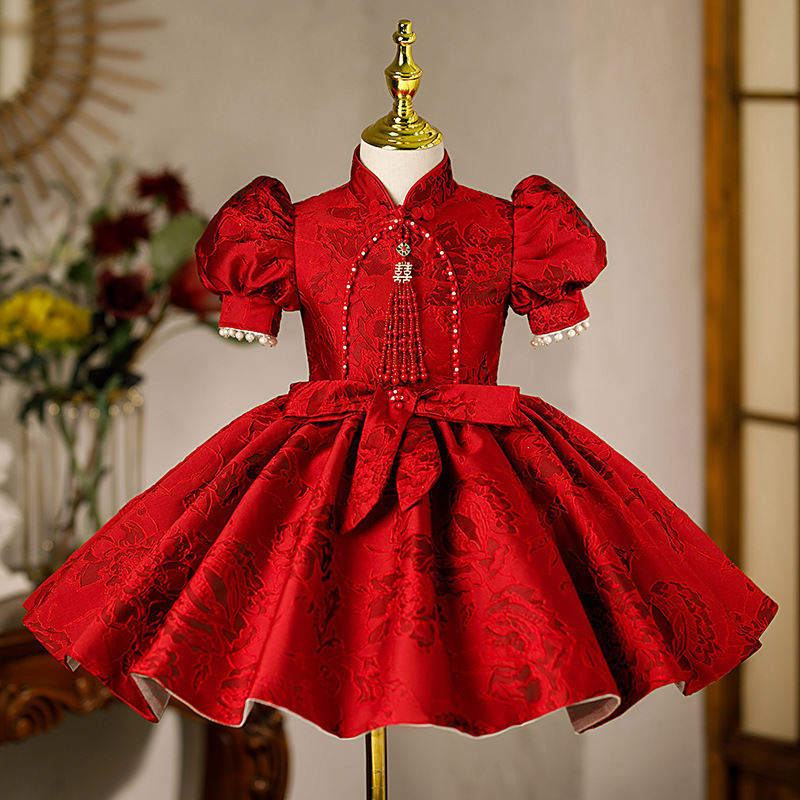儿童礼服公主裙酒红色女宝宝周岁中式国风蓬蓬裙女童主持人演出服