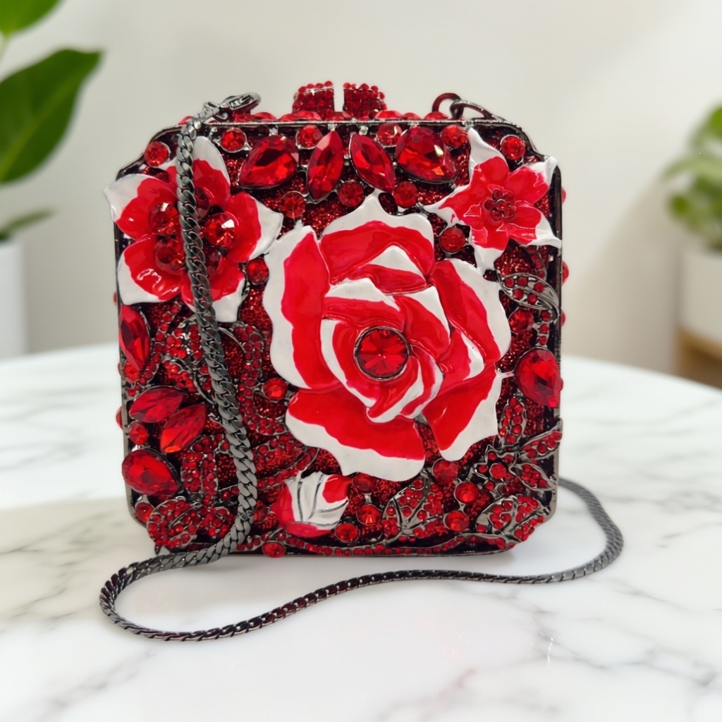 Bolsa de cristal transfronteriza con diamantes ligeros de lujo goteo de aceite rosa fiesta de cena reunión anual de mano bolsa dura