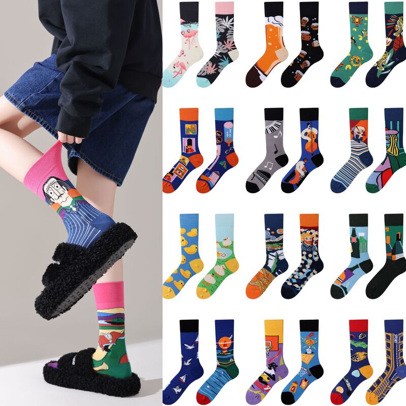 Men's and Women's Ab Style Original Ins Style Design Asymmetrical Trendy Socks Personalized Cartoon Creative Sports Mid-Calf Cotton Socks Wholesale