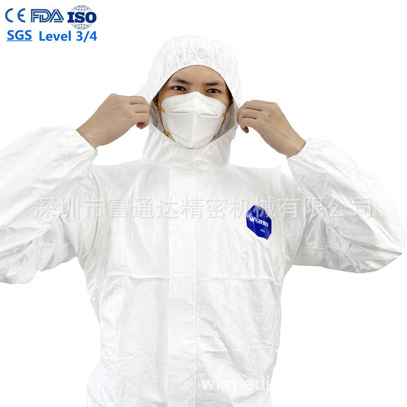 可发国外PP+PE 60g白色连体隔离服type5/6 一次性防护服en14126