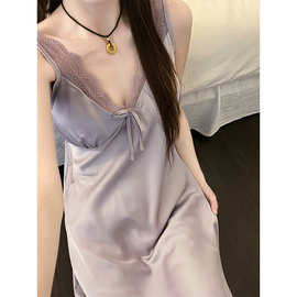 法式纯欲感灰紫缎面冰丝蕾丝吊带睡裙女夏季新款亲肤家居服连衣裙