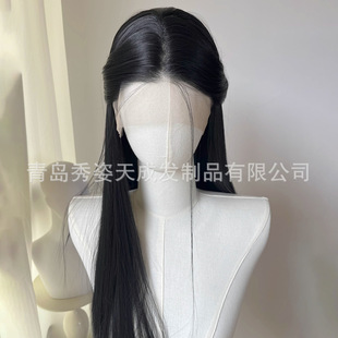 Daily Black Long Straight Large Lace Hand-Crocheted Wig Full Head Cover Front Lace Chemical Fiber High Temperature Silk Wig Foreign Trade Cross-Border Women