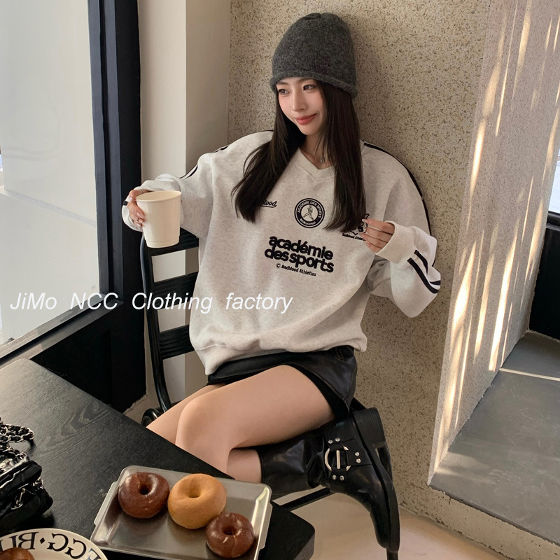 2025 Spring American Retro Korean Style Sports V Neck Sweater Women's Loose Embroidered Logo Top Niche Long Sleeve Trendy