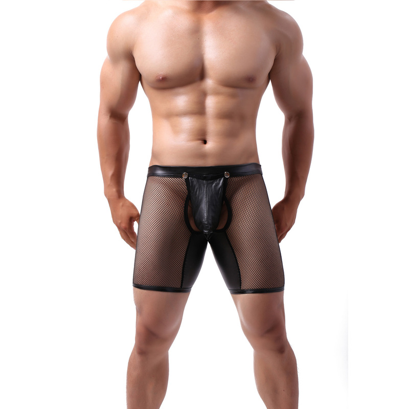 Men's Mesh Boxer Shorts, Sexy Hollow Low-Waist Button Imitation Leather Large Bag, Empty Buttocks Exposed Sexy Underwear