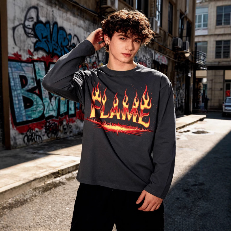 Trendy Flame Letter Long-Sleeve T-Shirt, Unisex Loose Top, Wholesale Foreign Trade Supply from Balenciaga Trendy Flame Letter Long-Sleeve T-Shirt, Unisex Loose Top, Wholesale Foreign Trade Supply from Balenciaga