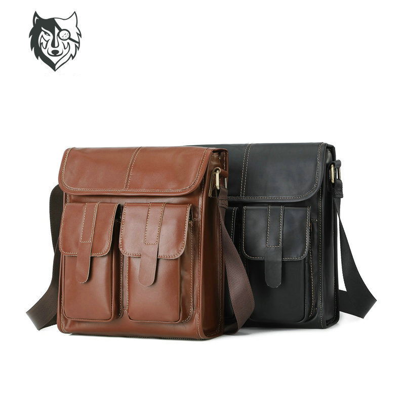 Bolso de los hombres vintage aceite de cera de cuero hombro bolsa de mensajero de ocio deportes primera capa de piel de vaca bolsa de ordenador de una sola pieza de entrega