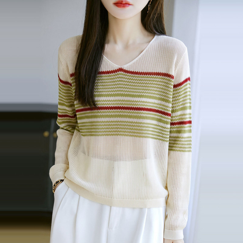 【Direct from the Manufacturer】Fashionable Color-Block V-Neck Knit Sweater, Lightweight for Early Autumn, Versatile Slimming Women's Sweater 【Direct from the Manufacturer】Fashionable Color-Block V-Neck Knit Sweater, Lightweight for Early Autumn, Versatile Slimming Women's Sweater