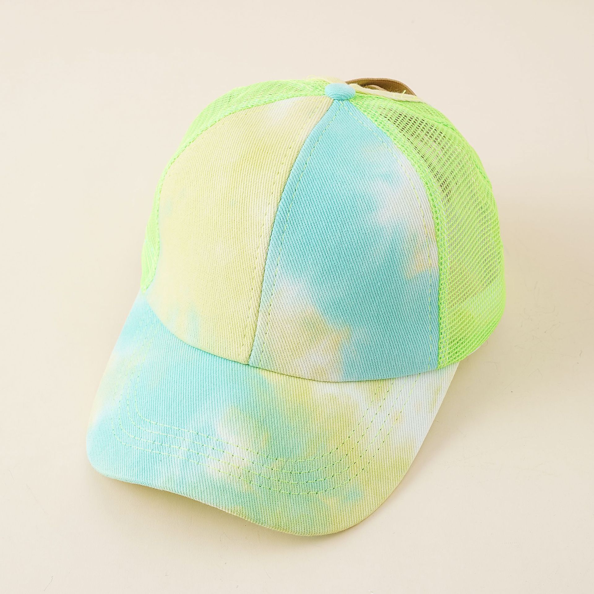 Nuevo sombrero de las mujeres de verano corbata teñida de cola de caballo gorra de béisbol de apertura trasera sombrero de verano cabello largo belleza gorra de malla