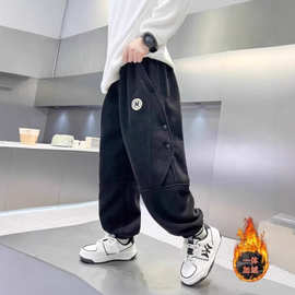 男童加绒裤子秋冬款2024新款加厚一体男孩冬季儿童冬装休闲束脚裤