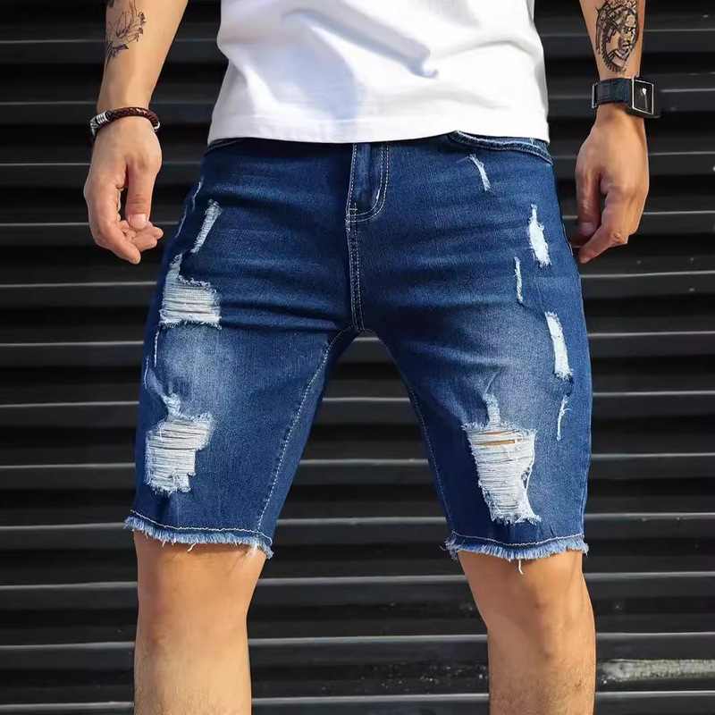 Cross-Border Premium Denim Casual Shorts, Summer Men's Pants, Slim-Fit Men's 5-Inch Ripped Fashion Denim