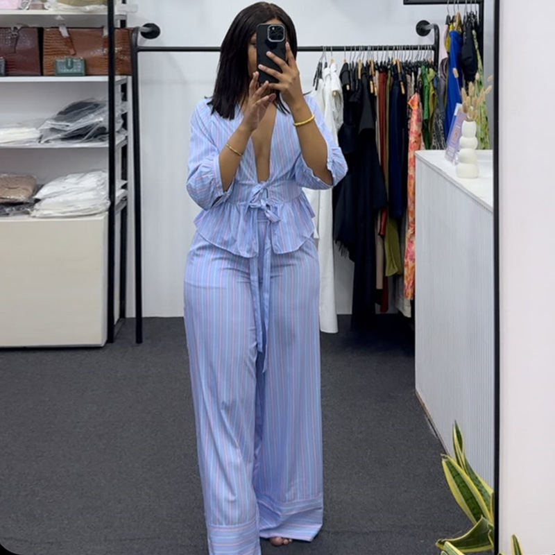 Cross-Border Women's Clothing 2025 Autumn New Sweet Collar Striped Lace-Up Shirt Wide-Leg Pants Casual Suit