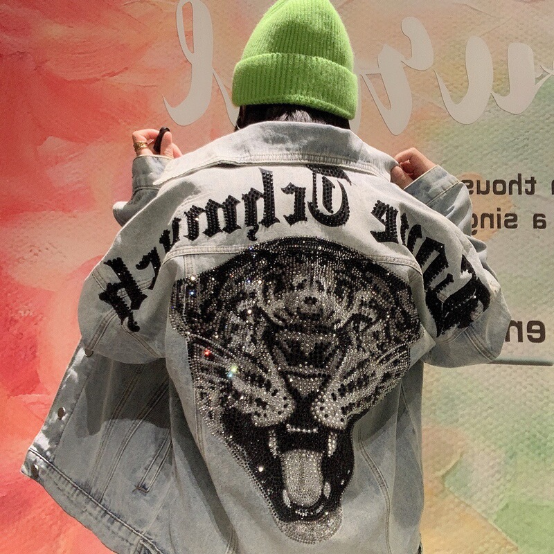 Luxury Trendy Big CTCH Tiger Head Denim Jacket Leopard Pi Shuai Heavy Industry Hot Drilling Men's and Women's Jacket Spring and Autumn Jacket Old