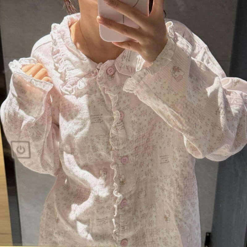 Light Pink Cat-Themed All-Cotton Double-Layer Gauze Ruffled Doll Face Long-Sleeve Long-Pants Pajama Set Loungewear for Women