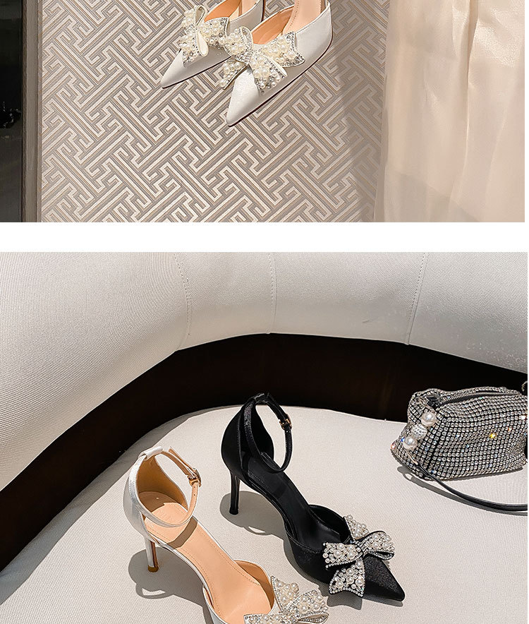 Z-52 Fiocco con diamanti Fata Bianco a punta alta Tacco sottile Singolo raso damigella d'onore Scarpe da sposa Sandali temperamento_voghion.com