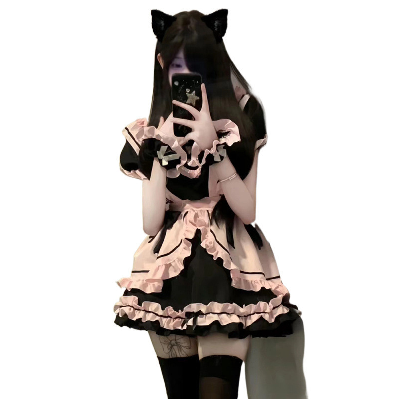 ニャー: ガールキャットメイド服、かわいいヘビーデューティーの大きなリボンのテール付きデイリーロリータドレス|undefined