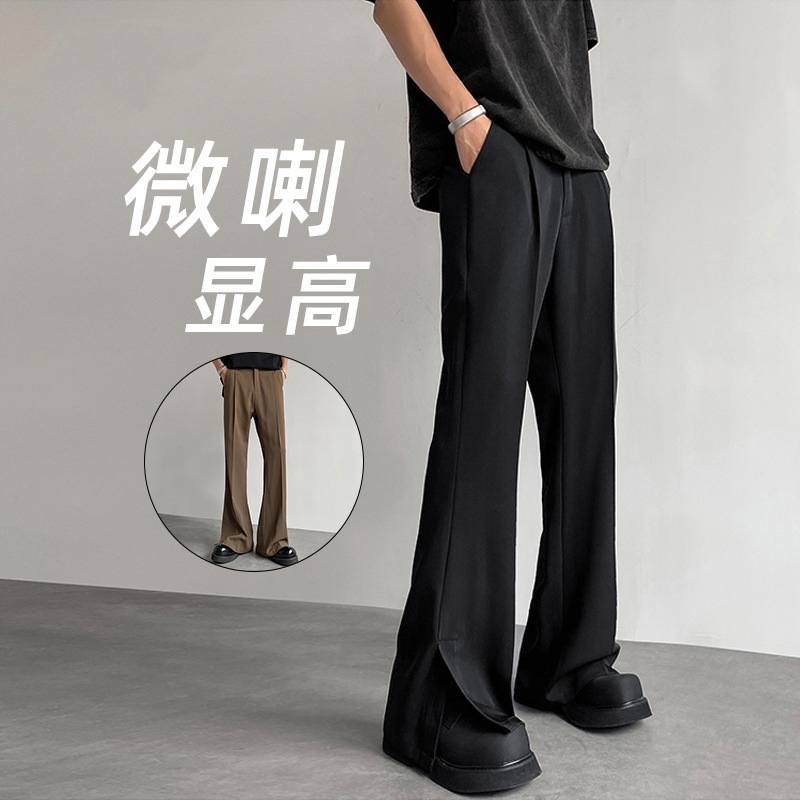 Slit-hemmed, height-enhancing men's trousers, spring and autumn style, semi-elastic waist casual trousers, men's long trousers, trendy and cool, slightly flared straight leg trousers