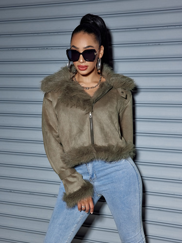 Women's Short Winter Jacket Motorcycle Coat Velour Short Sleeve Outerwear