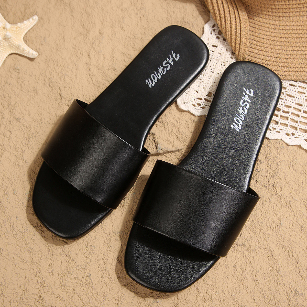 Sandalias Planas de Punta Cuadrada de Cuero Sintético, Cómodo, Adorno de Metal, para Uso Casual