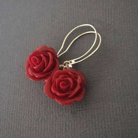 新款深红色玫瑰耳环，红玫瑰吊坠，红玫瑰珠宝厂家直销