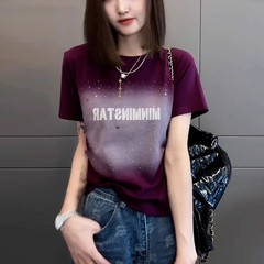 甘いクールなグラデーション色のホットドリル半袖tシャツ女性夏2025年新型洋気ファッション百合デザイン感上着
