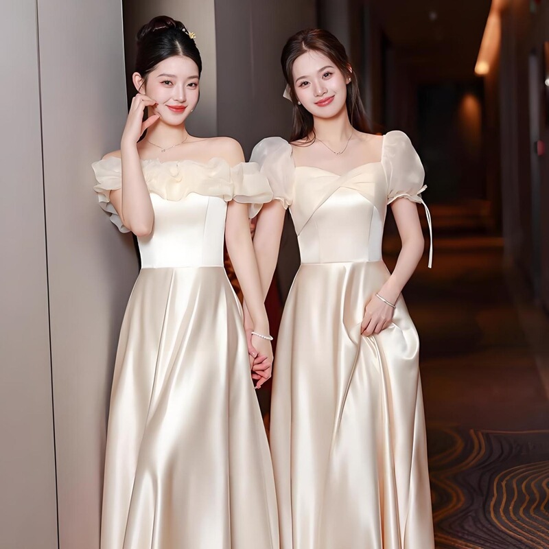 Bridesmaid Dresses 2026 New Style Champagne Satin Niche High-End Sister Group Host Chorus Dress Women's Daily Wear
