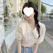 碎花泡泡短袖上衣2023夏季新款女装设计感小众法式甜美娃娃领小衫