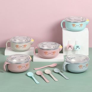 Baby's New Stainless Steel Heat Preservation Bowl Water Injection Bowl with Lid Children's Food Bowl Anti-fall Anti-scalding Anti-off Tableware suit