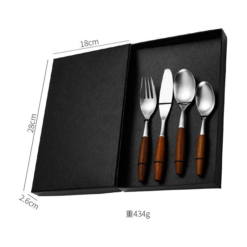 Retro 304 mango de madera de acero inoxidable set de cubiertos cuchara de postre de hotel occidental mango de madera de flores de pera set de cubiertos 5 piezas