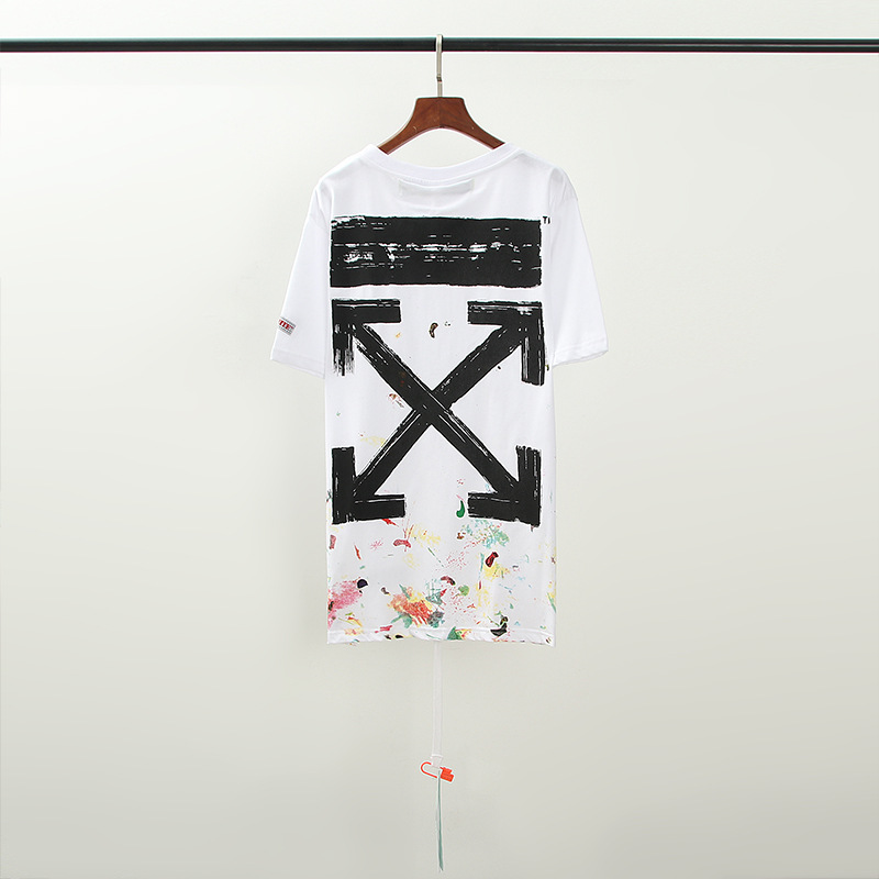 [Código Europeo] de flecha de gradiente clásico disuelto línea de advertencia de graffiti ow marca de moda pareja religiosa Camiseta de manga corta