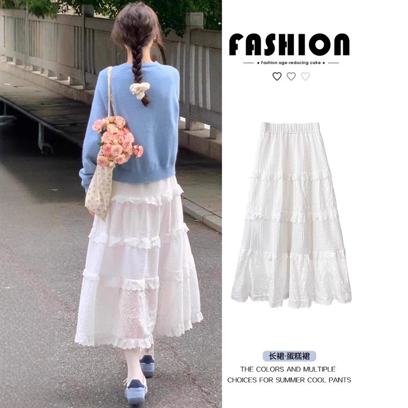 White High-Waisted A-Line Midi Skirt for Women, Spring/Autumn 2026 New Style, Slimming, Puffy Cake Skirt for Petite Figures