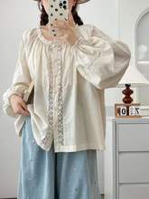 2025秋季新款 宽松大码蕾丝拼接 立领女士开衫长袖衬衫批发