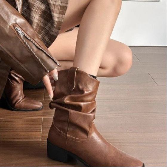 Suede Western Cowboy Boots Women's Retro Mid-Barrel Pointed Heap Boots 2024 Autumn and Winter New Maillard Martin Boots Women