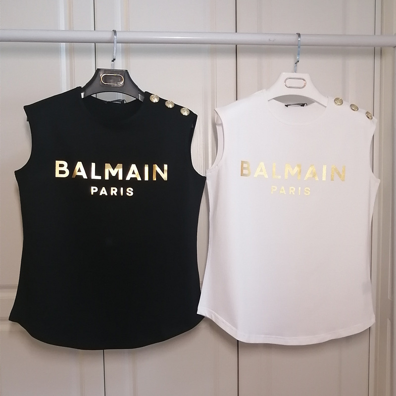 European and American Trendy Brand Balmain Shoulder-Buttoned Bold Letter Print Casual Sleeveless Vest Balmain Cotton T-Shirt European and American Trendy Brand Balmain Shoulder-Buttoned Bold Letter Print Casual Sleeveless Vest Balmain Cotton T-Shirt