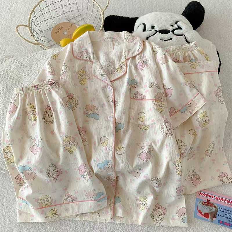 厂家夏季新款睡衣女云朵棉家居服开衫短袖短裤卡通三件套直播代发