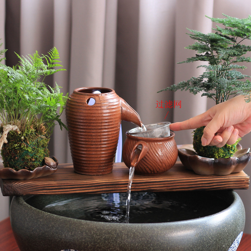 Ecological Tank, Ancient Fish Farming, Ceramic High and Low Jars, Flowing Water Ornaments, Circulating Oxygenation, Filtration Accessories, Water Tank Landscaping DIY