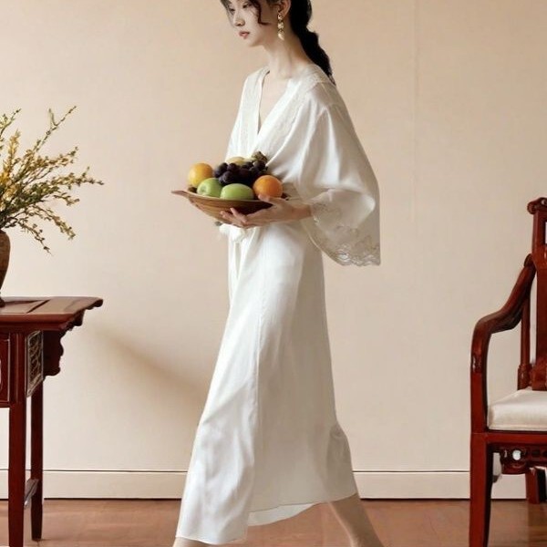 Light Luxury French Style Dressing Gown, Ice Silk Lace Suspender Pajamas, Two-Piece Set, Women's Long Sexy Nightgown, Pure Lust Style