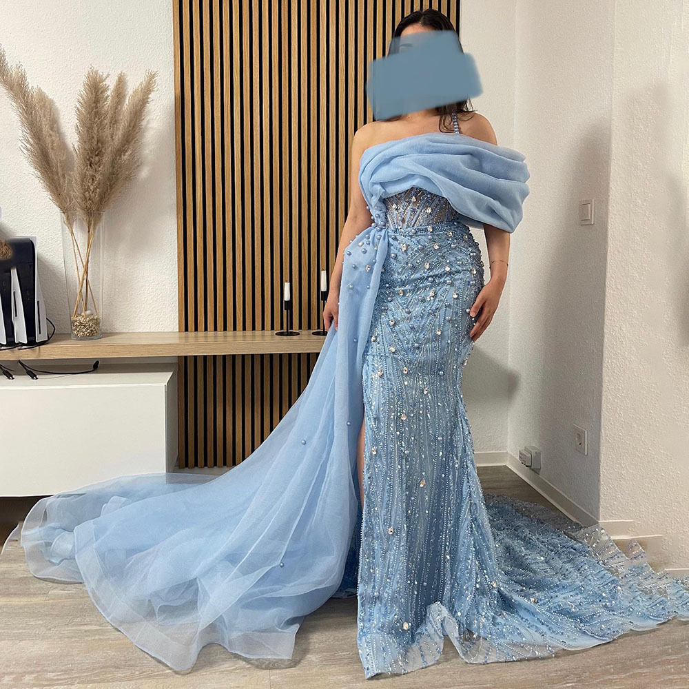Serene Hill Blue One-Shoulder Mermaid High-End Elegant Evening Dress for Hostess La72244A