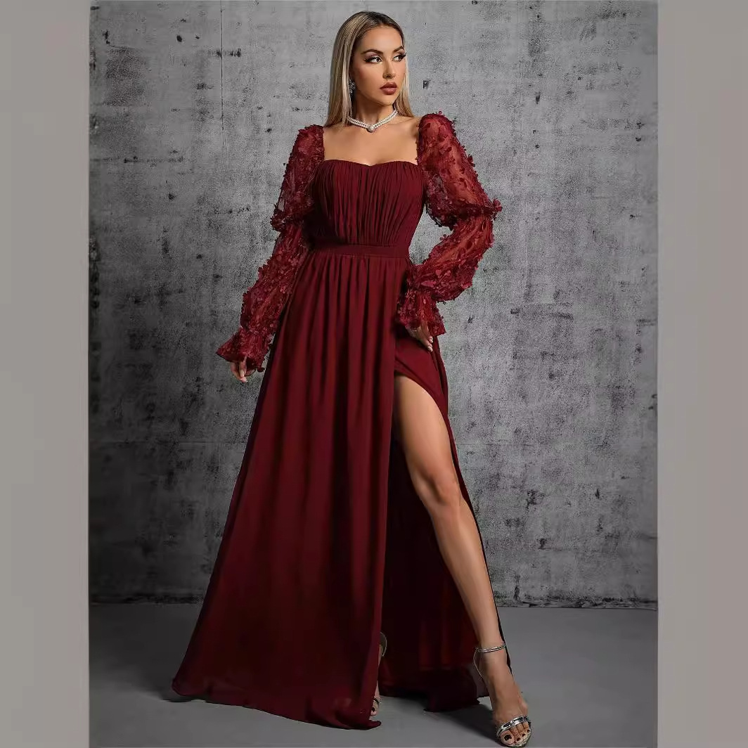 Vestido de noche transfronterizo de Amazon, nuevo vestido elegante y moderno de manga larga con cuello cuadrado de malla para mujer, envío directo de una sola pieza