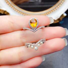 新款天然黄水晶戒指S925银镶嵌主石6*8mm百搭网红爆款女饰批发
