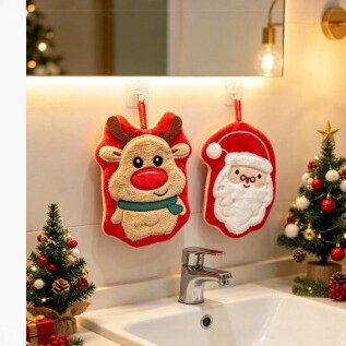 Christmas Series Coral Fleece Hanging Hand Towel, Thick and Absorbent, Cute Cartoon Design for Kitchen and Bathroom, Wholesale Souvenir