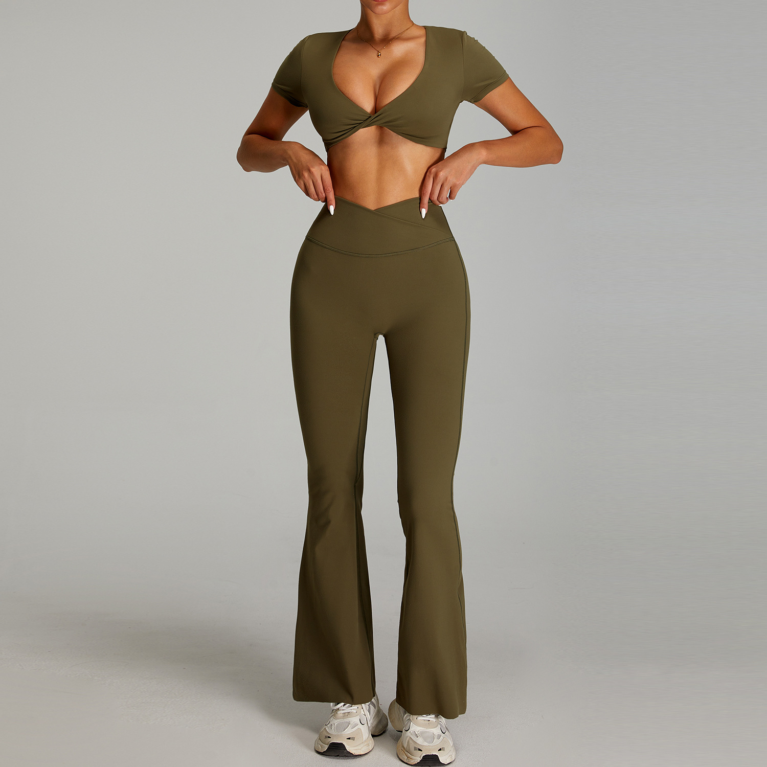 Traje de ropa de yoga desnuda de cintura alta cruzada transfronteriza, ropa de fitness ajustada de secado rápido para mujer, traje de carrera para deportes al aire libre