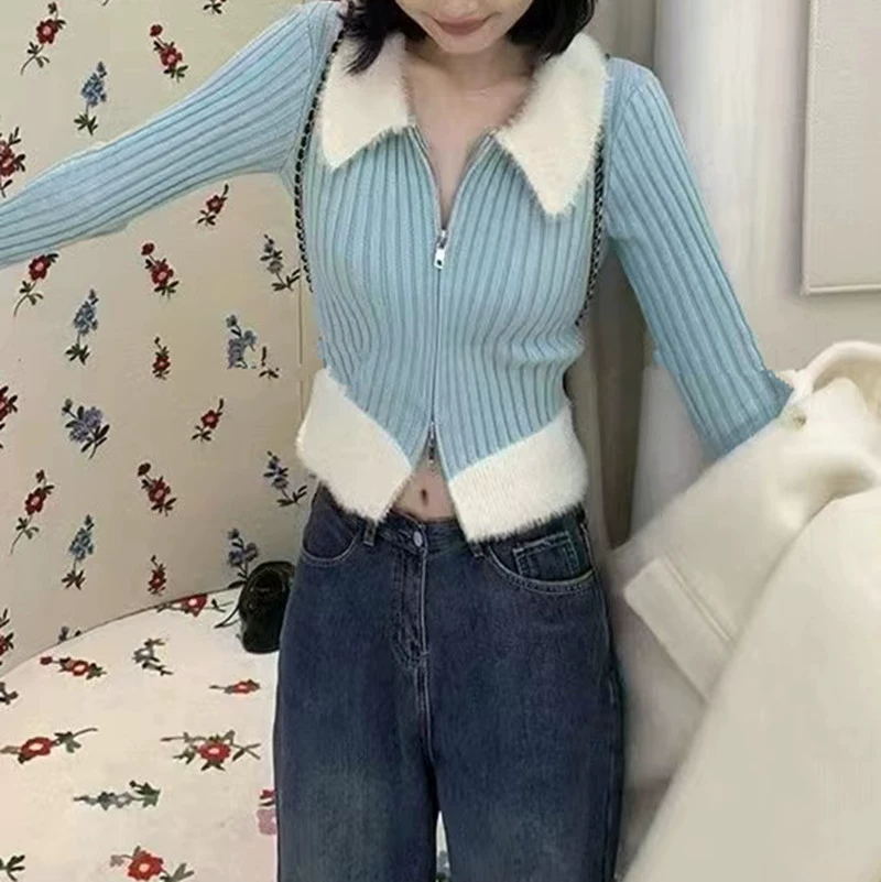 Синий лоскутный трикотаж для женщин, лето и осень 2025, новый тонкий дизайн, кардиган на молнии с лацканами, короткий топ для женщин