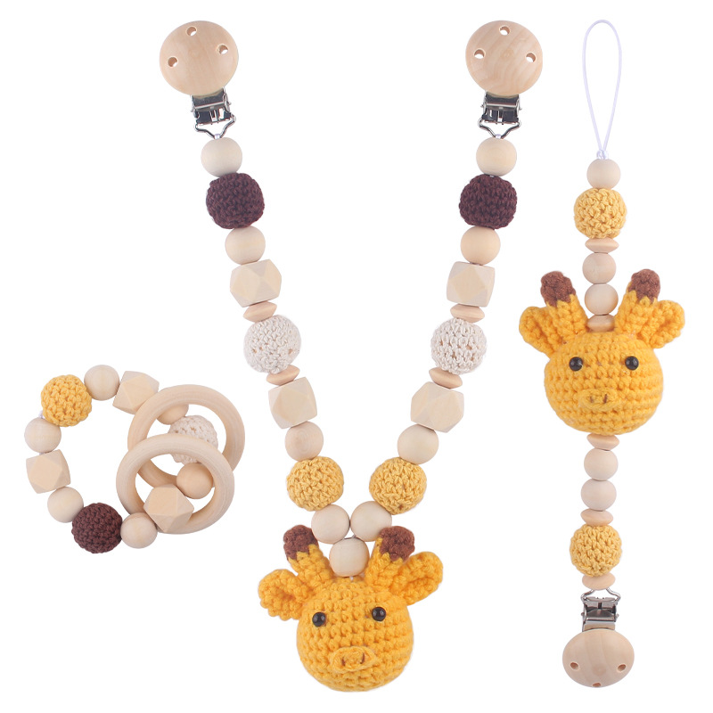 Nuevo bebé suministros de dibujos animados animal jirafa ovejas calmante bebé chupete cadena coche colgando traje de tres piezas