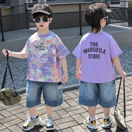 7289 Traje de verano para niños 2025 Nueva camiseta de manga corta con estampado de tie-dye para niños Verano fresco y atractivo de dos piezas Verano 5