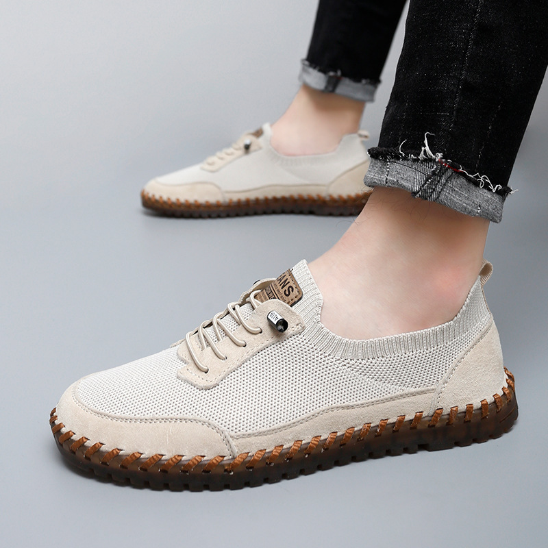Cross-Border Large Size Men's Breathable Mesh Hollow Casual Shoes with Hand-Stitched Mesh Surface, Outdoor Sports Slip-On Shoes