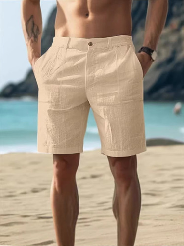 Men's cotton and linen summer pure color buttons beach daily outdoor breathable straight casual shorts