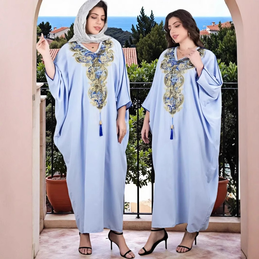 Indonesian-Middle Eastern Cross-border Women's Robe With V-neck, Embroidery, And Tassels, Elegant Arabic Robe,_ecoleips.com